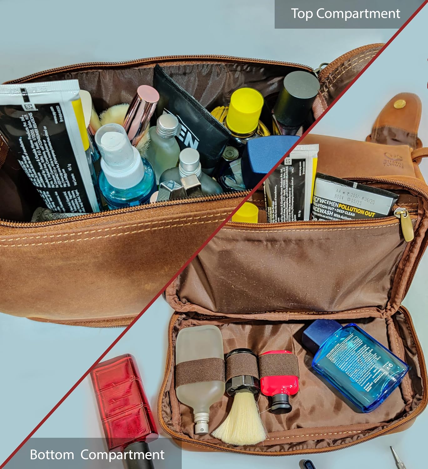 Rustic Town Trousse de Toilette de Voyage en Cuir pour Homme
Trousse de toilette en cuir marron Rustic Town — vue de face

Trousse de toilette homme en cuir — compartiment inférieur zippé

Trousse de voyage en cuir — organisation intérieure

Trousse de toilette Rustic Town — poignée et fermetures YKK

Trousse de toilette — format compact pour valise
Trousse de toilette en cuir marron Rustic Town — vue de face

Trousse de toilette homme en cuir — compartiment inférieur zippé

Trousse de voyage en cuir — orga